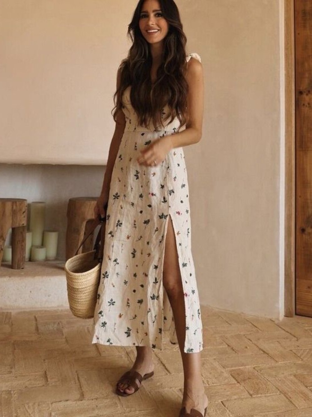 ZARA Linen Floral Midi Dress with Lace-Up Back & Side Slit Small Embroidered